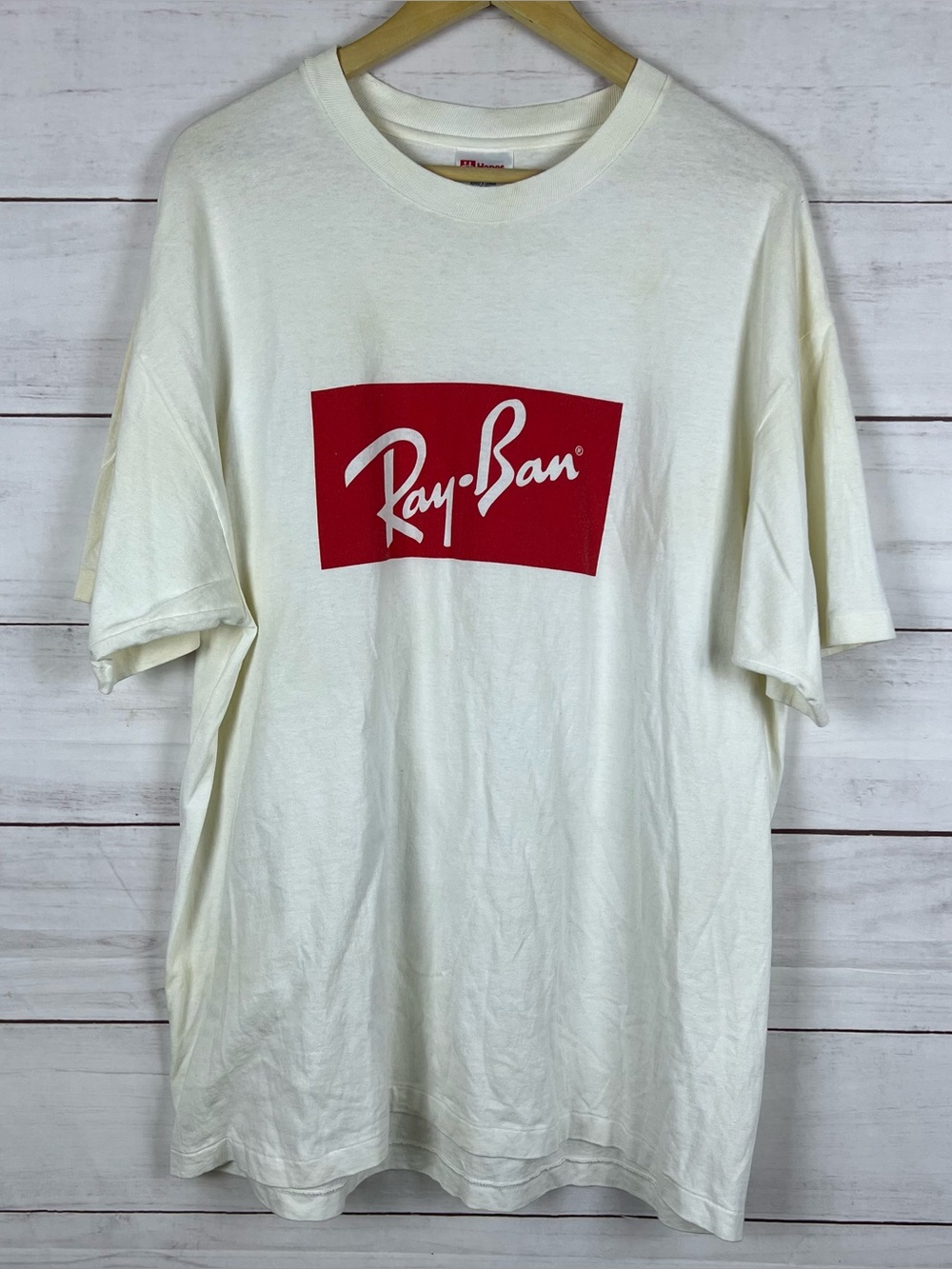 Vintage Ray Ban White Red Border Tee Box T-Shirt Mens size XL Hanes Stains 90s